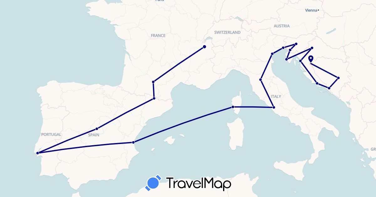 TravelMap itinerary: driving in Andorra, Bosnia and Herzegovina, Spain, France, Croatia, Italy, Portugal, Slovenia (Europe)